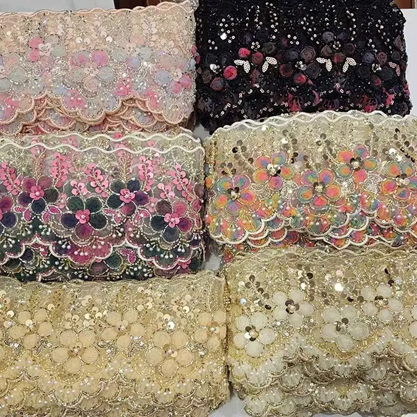 Вишебојна везена чипка са 3Д мрежастим цвећем траком са перлама и чипком за вез са бар кодом